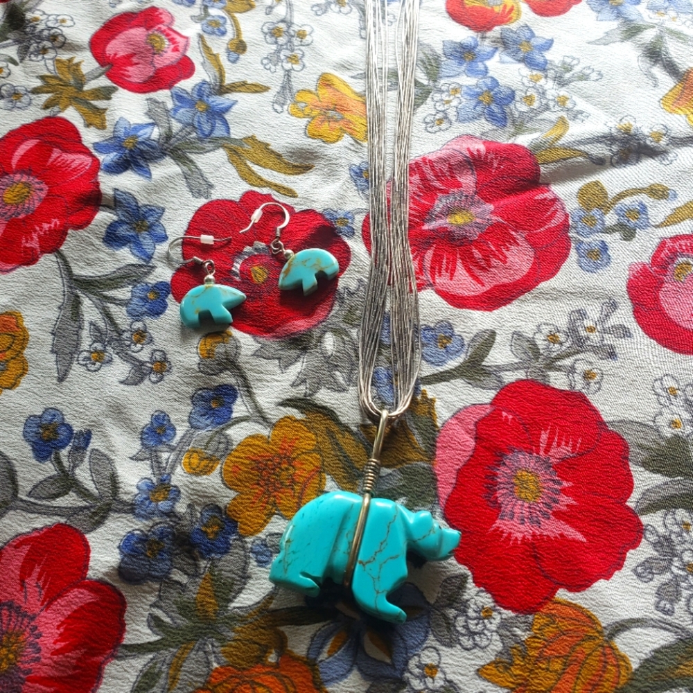 Turquoise Fetish Bear Sterling Necklace Set